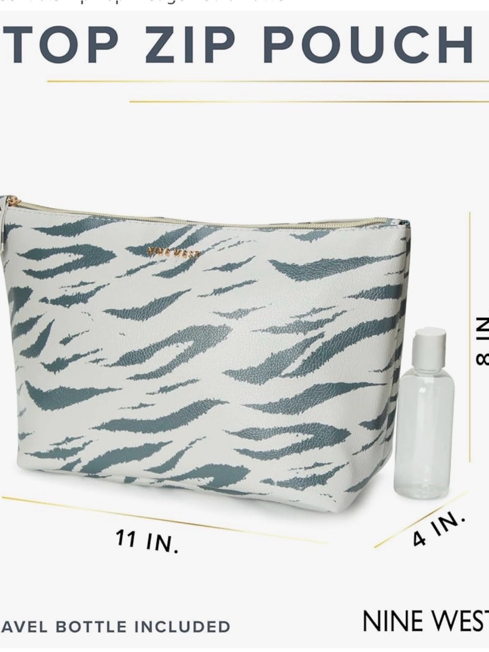 NINE WEST Makeup Bag Cosmetics Organizer Travel Essentials Zip Top Zebra Pattern